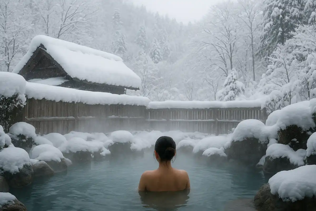 A person relaxing in a traditional Japanese onsen (hot spring) with steam rising, surrounded by snow.