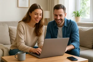 A laptop on a cozy living room table in a bright, stylish home, perfectly illustrating the rent-free work-life balance of a house sitter.