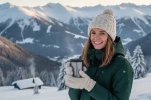 A person holding a reusable travel mug against a beautiful snowy mountain backdrop