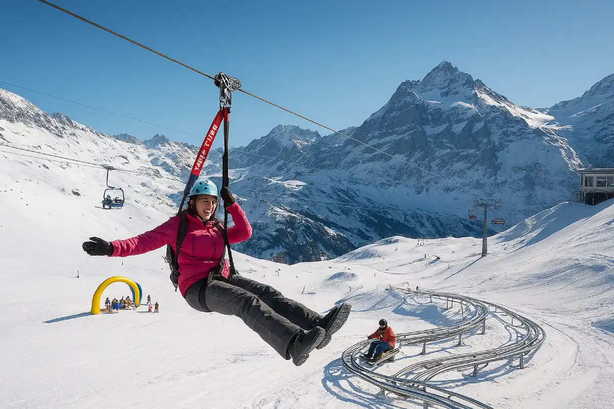 People enjoying a fast ride on the First Flyer zip line and other fun park activities high up on the Grindelwald First mountain.