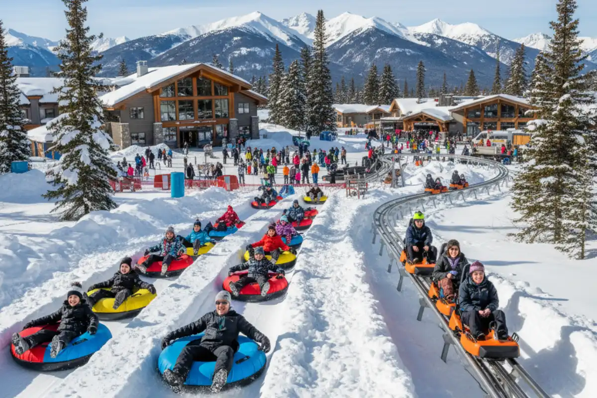 People enjoying tubing and riding the mountain coaster at the Revelstoke Mountain Resort base area.