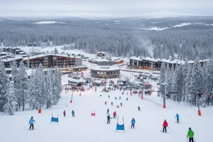 The main slopes and modern infrastructure of Ruka ski resort in Finland, with snow-covered trees and a bustling village base.