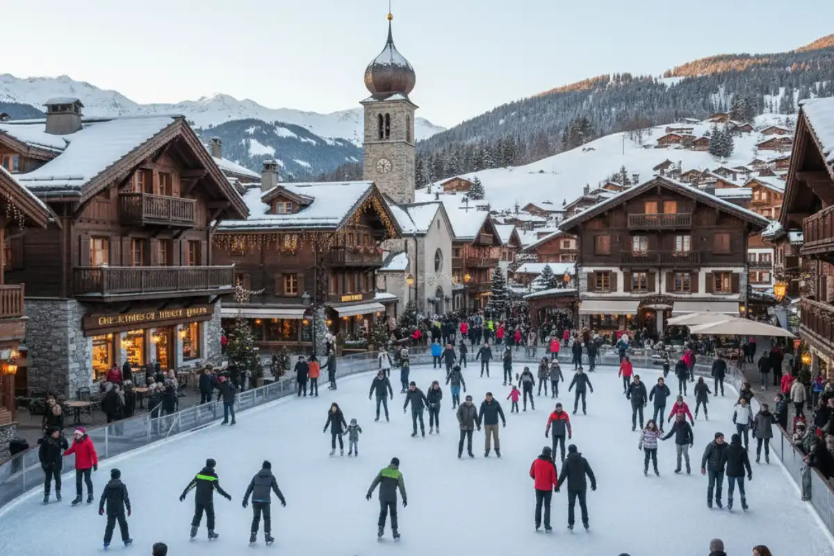 People enjoying the large outdoor ice skating rink in the pedestrian centre of Megève, with the traditional church in the background.