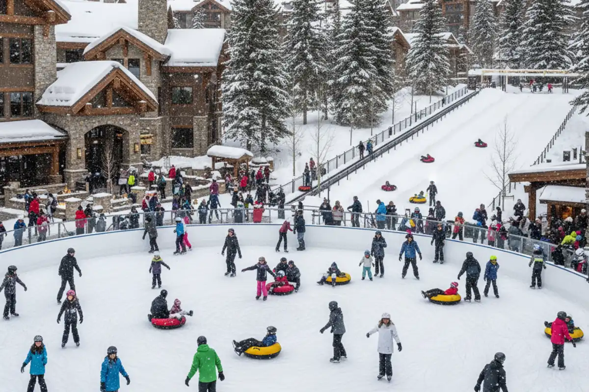 People enjoying ice skating and tubing activities at the base area of Canyons Village in Park City.