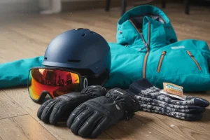 Essential ski gear including helmet, goggles, gloves, and jacket laid out on a wooden floor