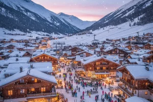 A sweeping dusk view of a European ski village illuminated under fresh snowfall, with ski lifts visible on the slopes above the cozy, busy town.