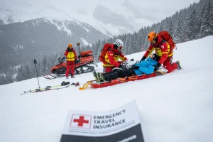 A skier being carefully attended to by mountain rescue personnel on a snowy slope, highlighting the vital need for comprehensive emergency travel insurance coverage.