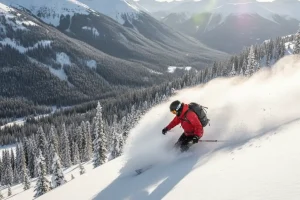 A skier carving through deep, untouched powder snow on a steep slope at Revelstoke Mountain Resort in British Columbia.