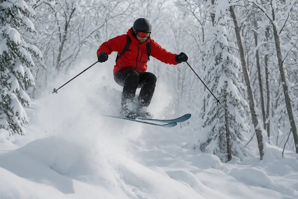 A skier mid-air enjoying a jump on a deep powder day in a side country area of Niseko.