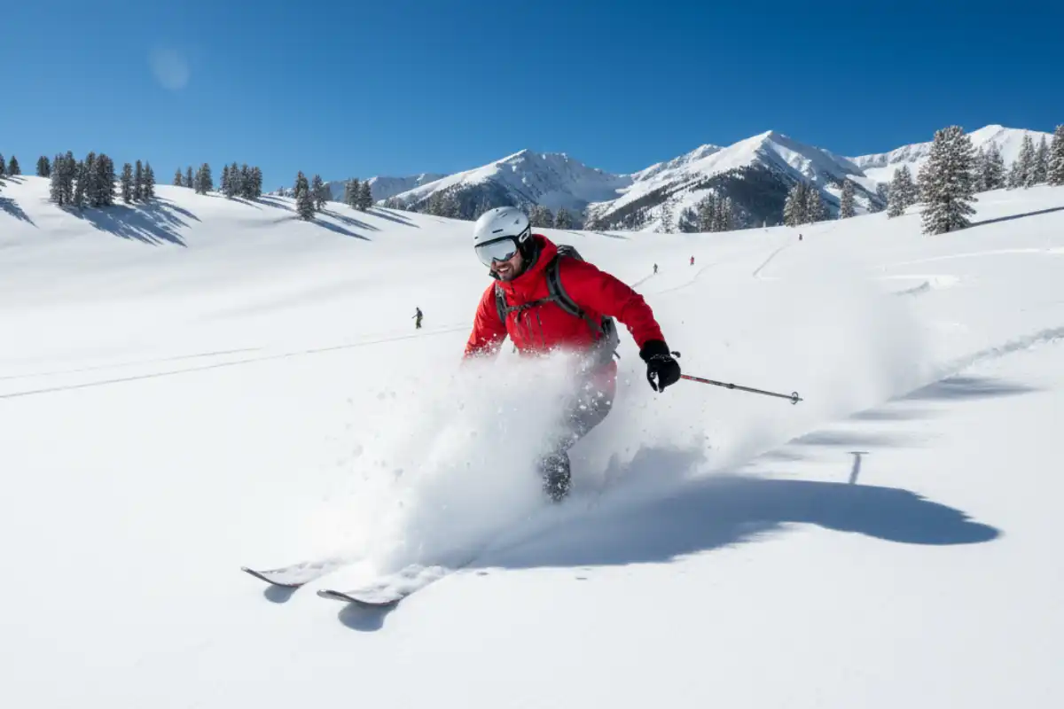 A skier enjoying deep powder snow in one of Vail's wide, legendary Back Bowls on a sunny day.