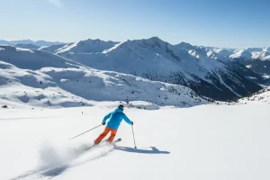 A skier descending a sunny, wide slope in the snow-covered Pyrenees mountains