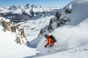 A skier dropping into a steep, powder-filled chute in the upper mountain terrain of Jackson Hole Mountain Resort, Wyoming.