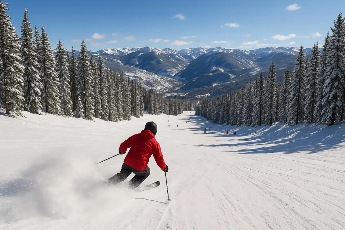 A skier enjoying deep powder on a wide, gladed run at one of the four Aspen Snowmass mountains.