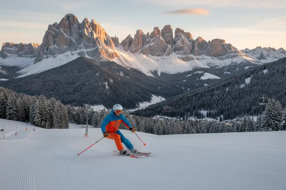 A skier enjoying a wide, groomed slope with a breathtaking backdrop of the Dolomite mountains in Cortina d'Ampezzo.