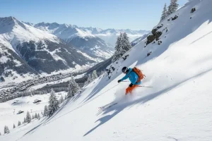 An advanced skier enjoying untouched powder snow on a steep, challenging off-piste run high above the Verbier resort.
