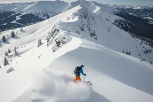 A skier making turns in fresh powder snow in the wide, open freeride zones below the ridge of Chopok Mountain in Jasná, Slovakia.