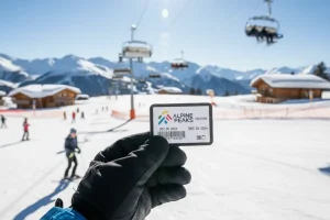 A skier happily holding a lift pass against the backdrop of a sunny mountain resort, illustrating the successful acquisition of a valued ticket to enjoy the slopes.