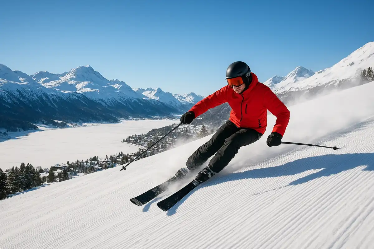 A skier mid-turn on a wide, sunny slope in St. Moritz with the frozen lake visible below.