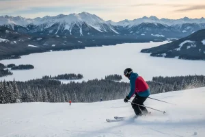 A skier on the Vogel slopes with a stunning panoramic view of the vast, snow-covered Lake Bohinj and the Julian Alps in the background.