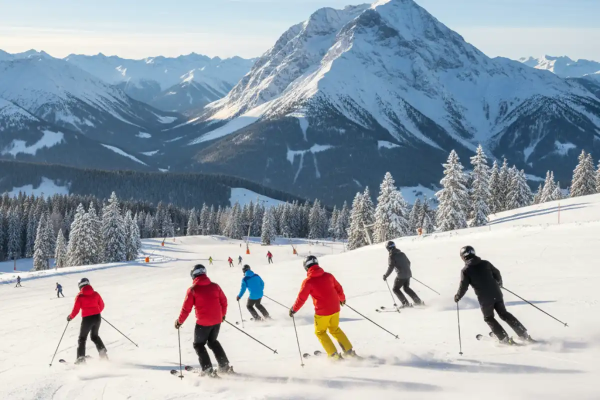 Skiers descending a slope in Garmisch-Partenkirchen with a stunning view of the Bavarian Alps and the Zugspitze.