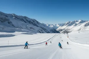 Skiers enjoying wide-open groomed pistes on the Rettenbach Glacier above Sölden with massive Austrian peaks surrounding them.
