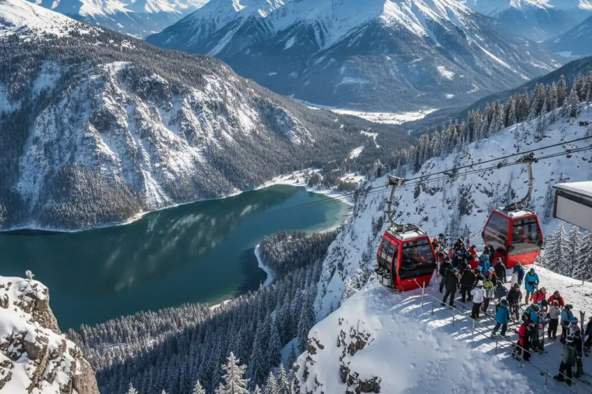 Skiers getting off the Jennerbahn gondola with incredible views of the Königssee lake and surrounding snowy mountains.