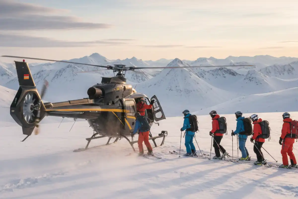 A group of skiers preparing to board a helicopter for heli-skiing on the untouched Arctic peaks near Riksgränsen.