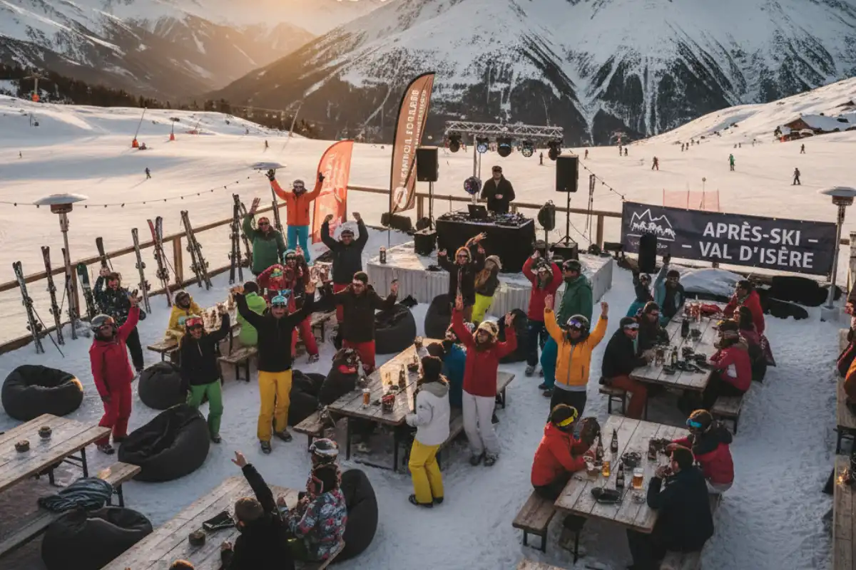 Skiers and snowboarders celebrating during an Après-ski event on the mountain in the Val d’Isère area.