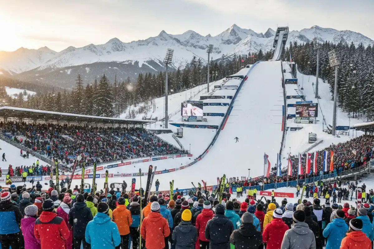 Skiers watching a ski jumping competition at the famous Planica Nordic Centre near Kranjska Gora.
