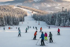 Skiers enjoying the well-groomed, tree-lined slopes of Borovets in the Rila Mountains of Bulgaria.