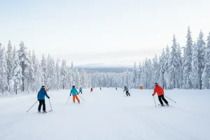 Skiers on a wide, well-maintained slope at Pyhä, Finland, with untouched snow and a beautiful Arctic forest backdrop.