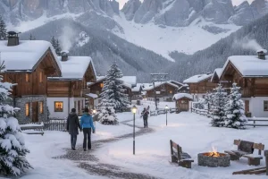 A quiet, snow-covered chalet village nestled in the dramatic, sharp peaks of the European Alps, suggesting a cozy, high-altitude winter escape.