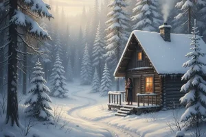 A serene cabin nestled deep within a snow-covered forest, bathed in soft, early morning light, offering a picture of profound silence and solitude perfect for introspection.