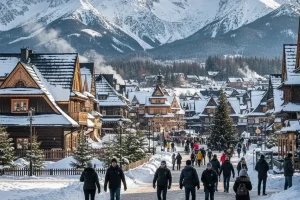 A panoramic view of the snow-covered Tatra Mountains rising steeply behind the unique wooden architecture of Zakopane, Poland.