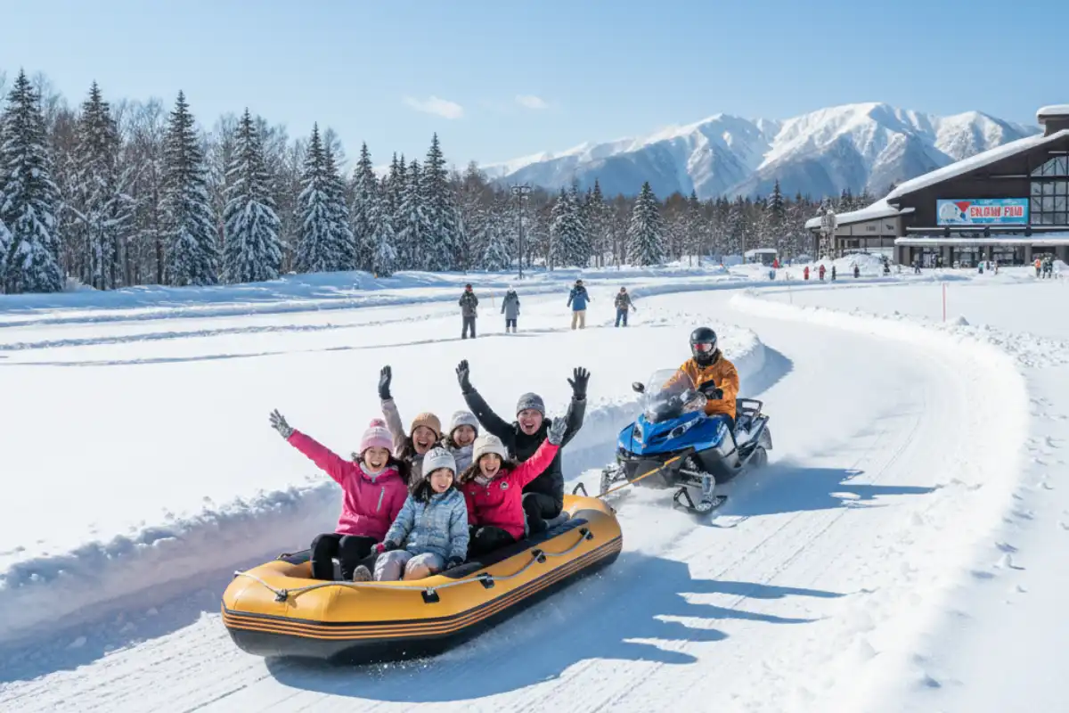 A group of tourists enjoying a snow rafting ride pulled by a snowmobile on a designated track in the Furano resort area.
