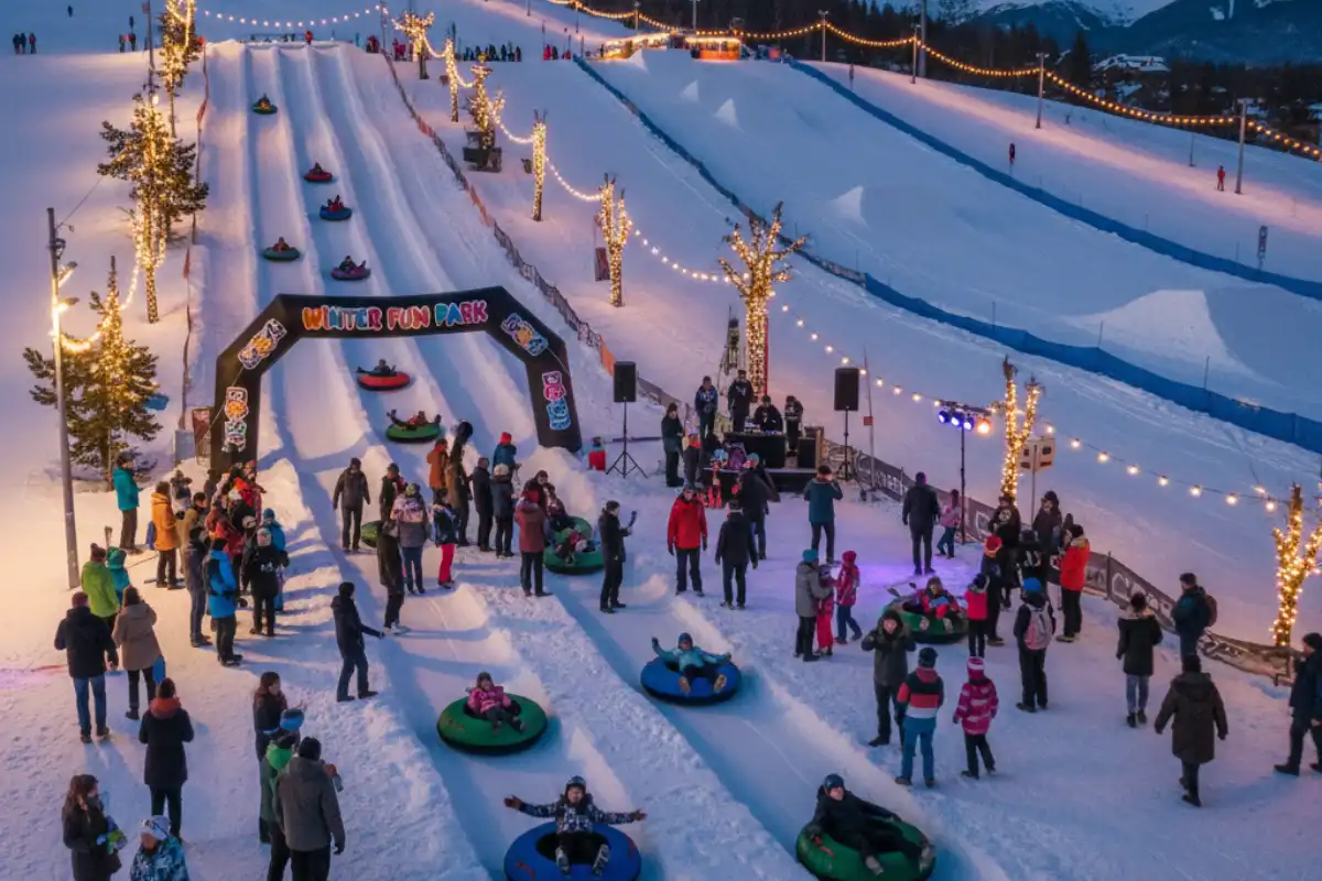 People enjoying snow tubing and a fun park area at the base of the Sestriere slopes, with music and lights in the evening.
