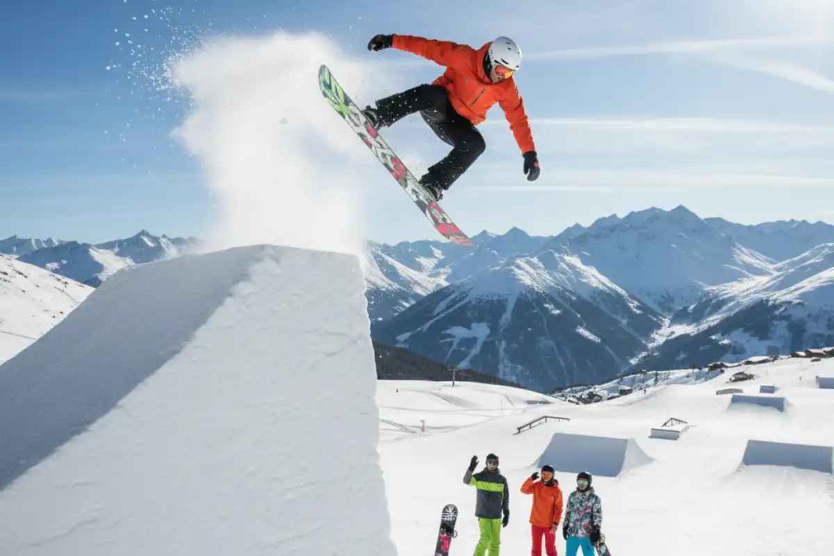A snowboarder launching off a large jump in the Méribel / Mottaret snow park with a group of friends watching.