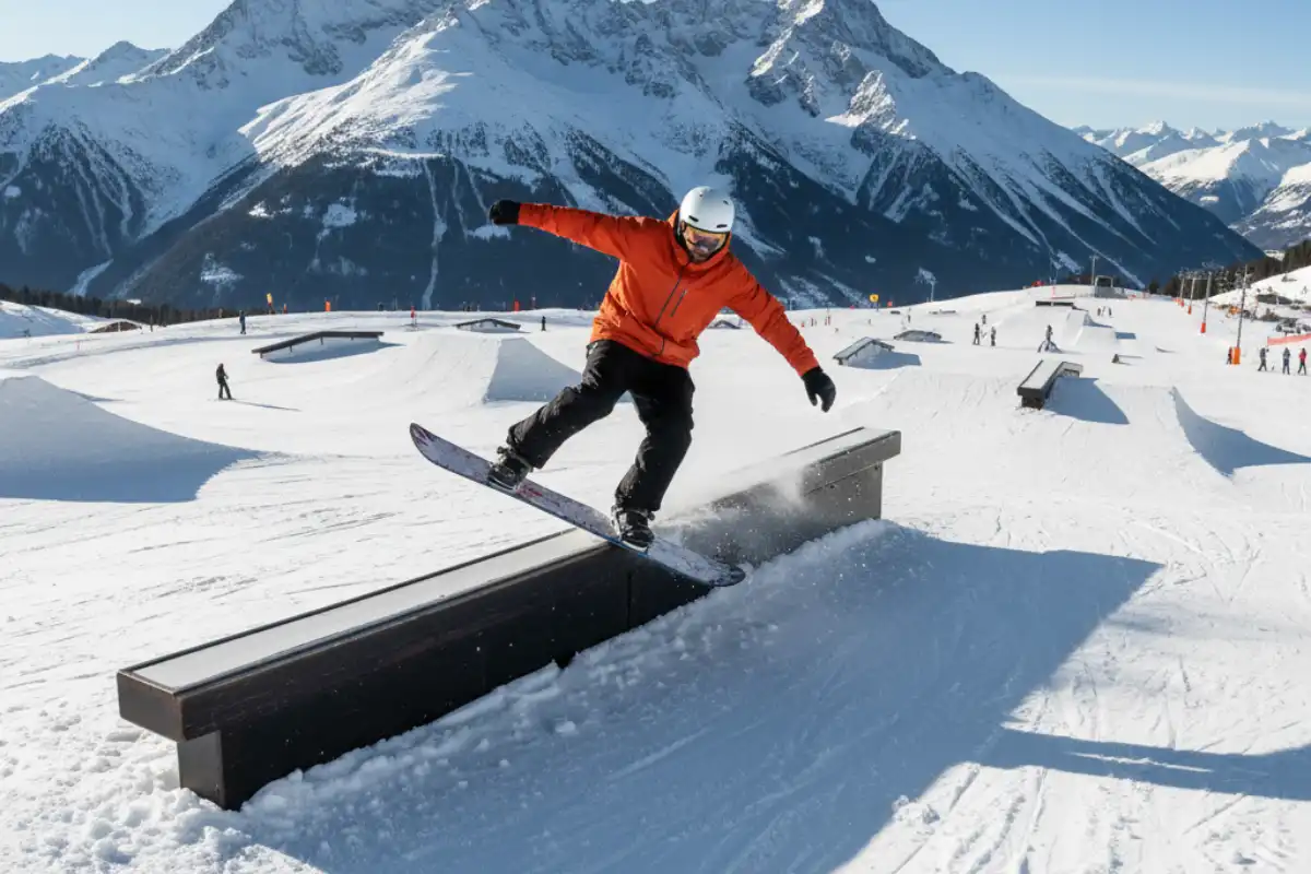 A snowboarder doing a rail slide trick in the Livigno snow park with a backdrop of mountains.