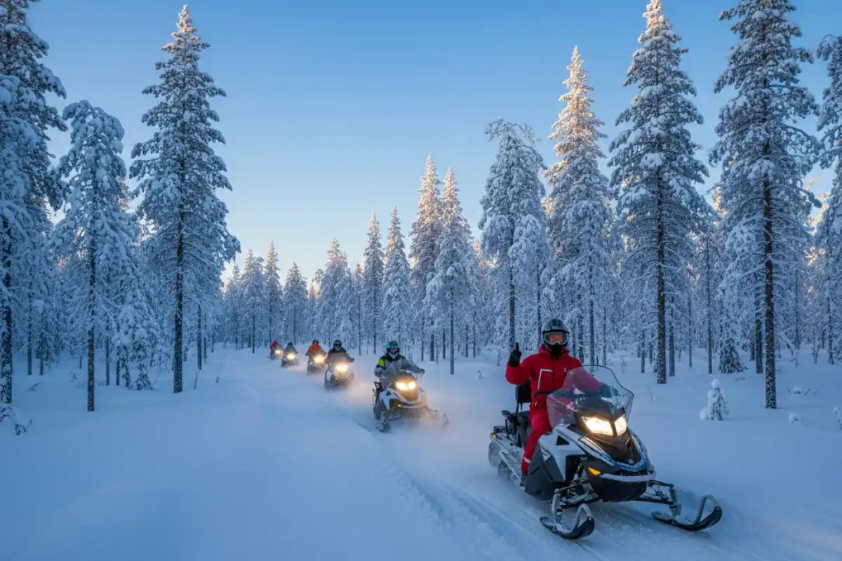 A group of people enjoying a snowmobiling tour through the snowy Lapland forests near Ylläs, with a clear blue sky.
