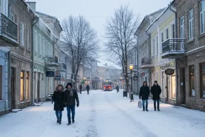 A quiet, snowy street in an Eastern European city during the low-cost winter season