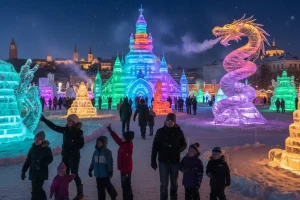 Spectacular ice sculptures illuminated in vibrant colors during a night-time winter festival