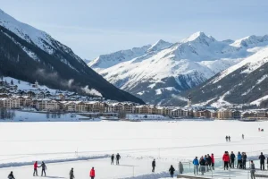 St. Moritz Dorf (Village) overlooking the frozen lake, surrounded by snow-covered Engadin mountains.