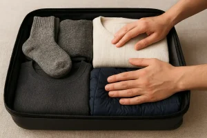 A perfectly organized suitcase packed with layered clothing for cold weather, including wool socks, thermal tops, and a neatly rolled down jacket, ready for a cozy winter adventure.