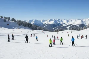 Wide, open, sunny blue slopes of La Plagne, with families and skiers enjoying the easy cruising terrain high in the French Alps.