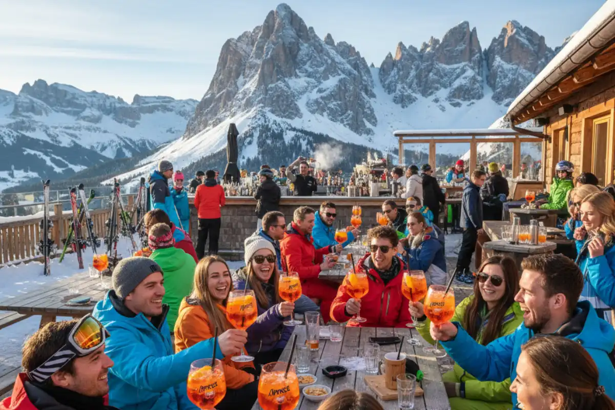 A vibrant après-ski scene with people socializing on a sunny terrace in Madonna di Campiglio, holding Aperol Spritz cocktails.
