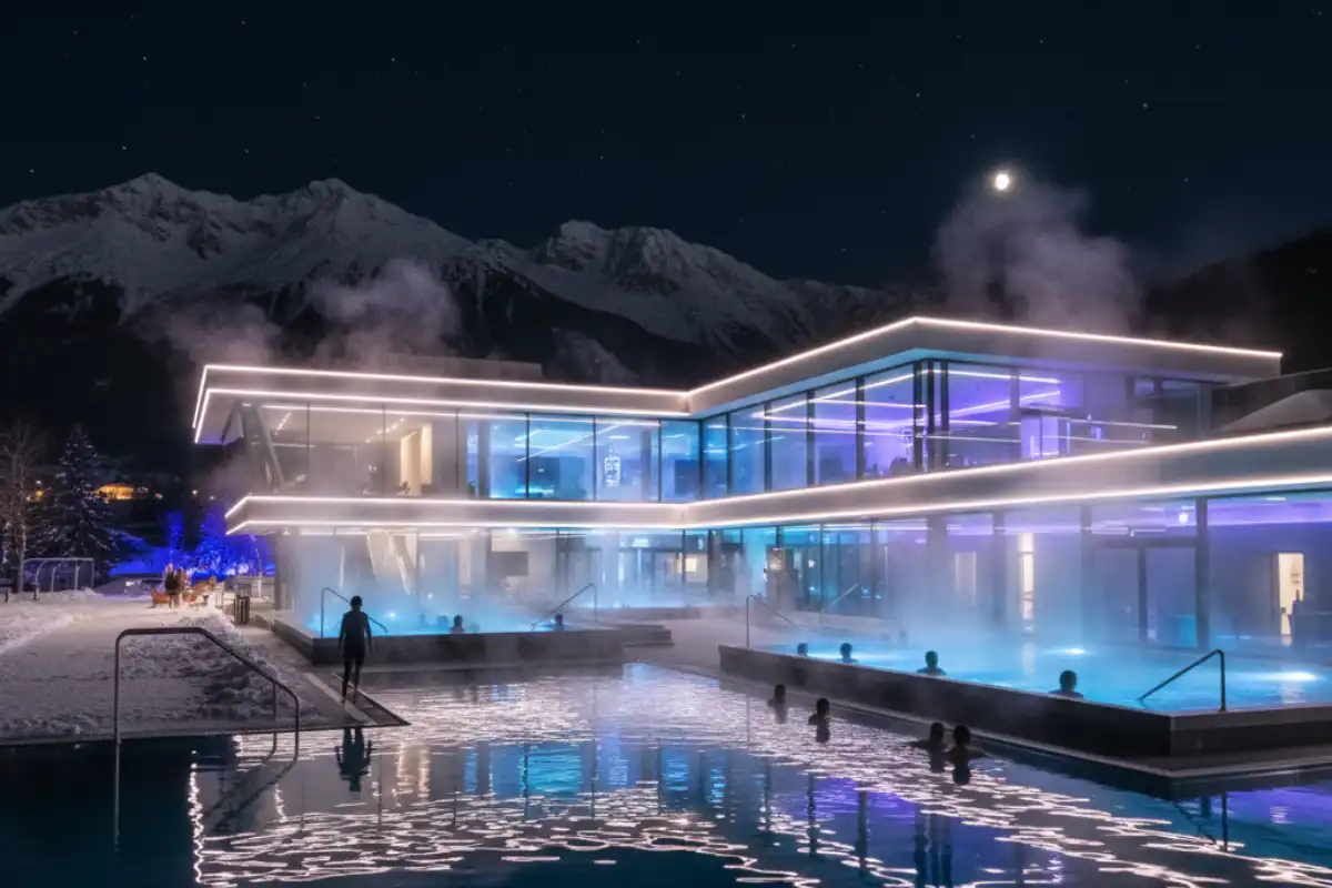 The modern, illuminated exterior of the Tauern Spa Kaprun at night with steam rising from the outdoor pools and the surrounding mountains visible.