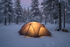 A well-pitched four-season tent illuminated against a backdrop of snow-covered pine trees