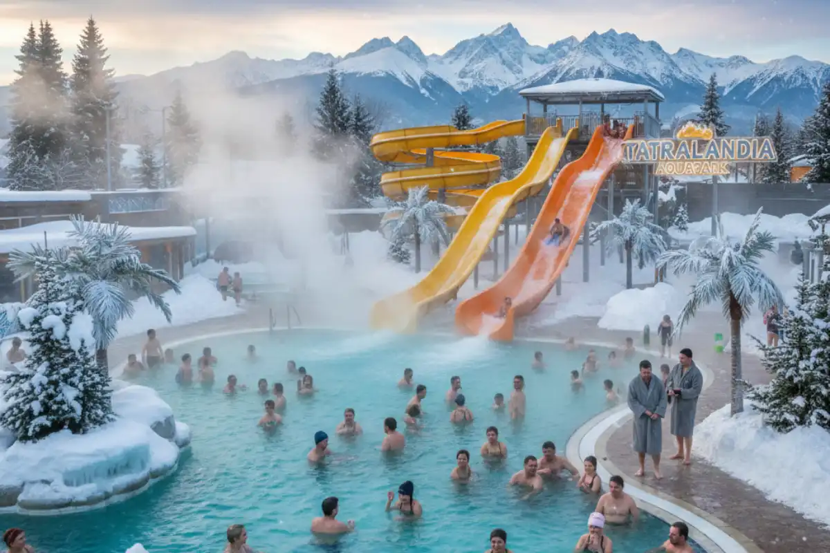 People enjoying the outdoor, naturally heated thermal pools and water slides at the Tatralandia Aquapark near Liptovský Mikuláš.