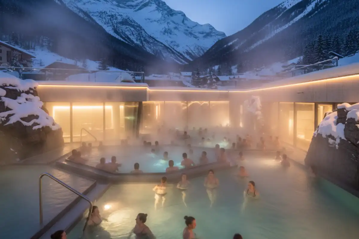Tourists relaxing in the warm outdoor pool of the Felsentherme thermal spa in Bad Gastein, surrounded by snow and mountains.