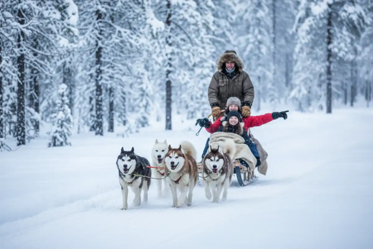 Tourists riding a dog sled through a snowy forest in Levi, Finland, with guide in the front.